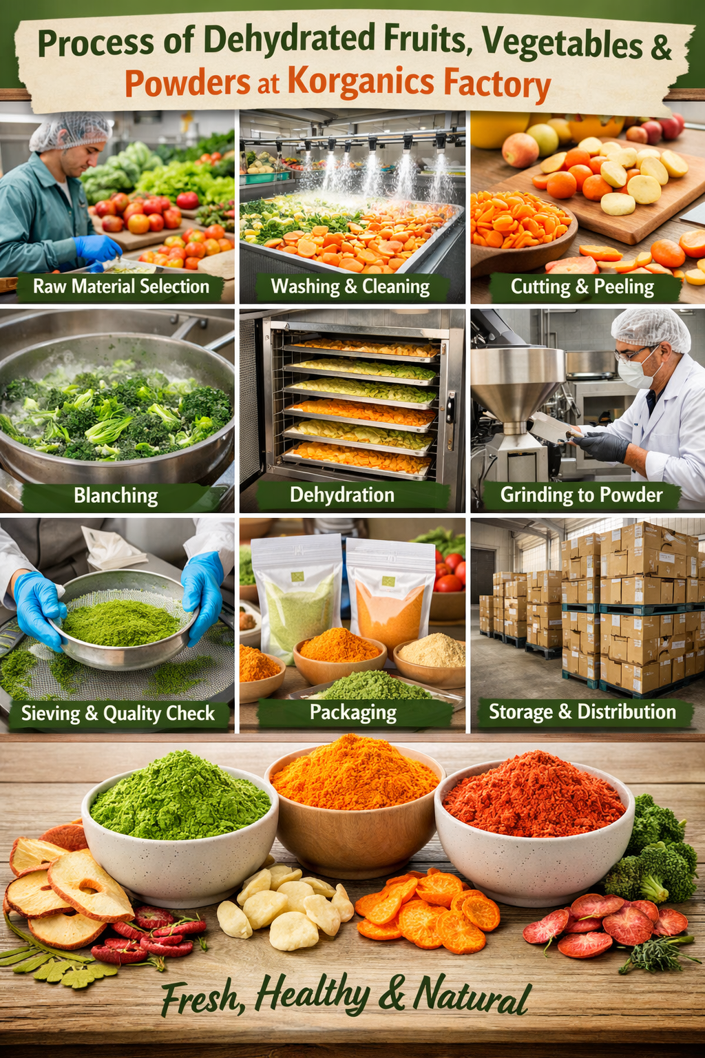 Process of Dehydrated Fruits, Vegetables & Their Powder in Korganics